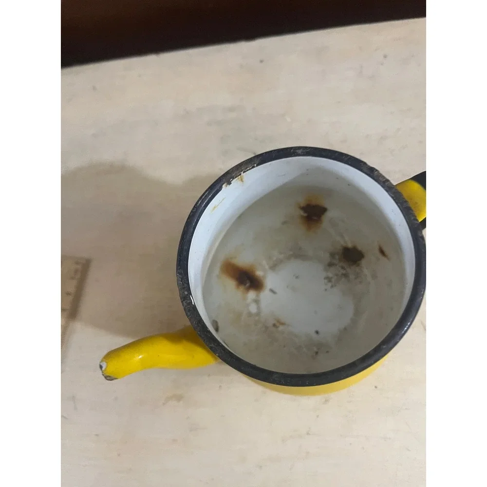 Vintage Yellow Enamelware Teapot Black Handle Rustic Farmhouse‎ Decor 5 Inch